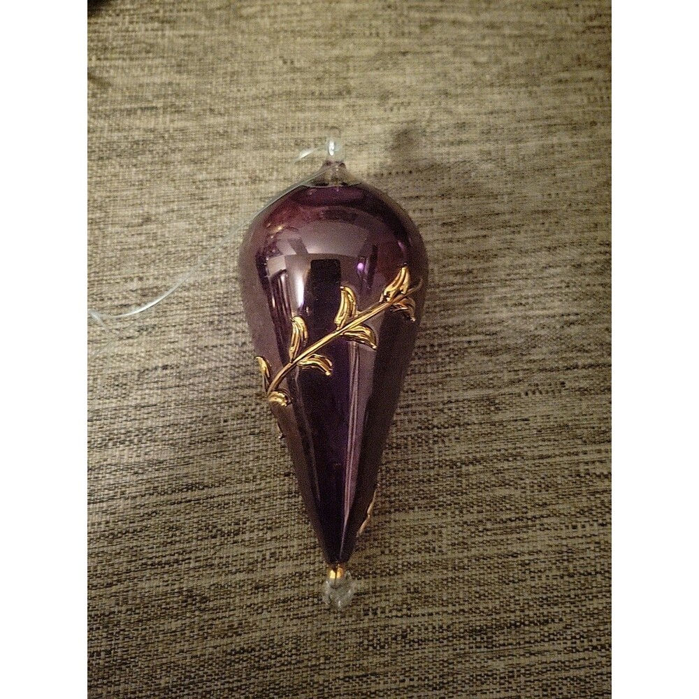 Purple 24K Gold Teardrop Mouth Blown Glass Ornament Egypt Handmade 4.5" Vintage